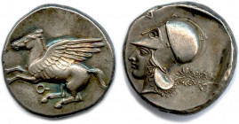 Greek
CORINTHE 400-375
Pégase volant à gauche. Koppa. 
R/. Tête d’Athéna. Palmette et .
Ravel 332
Statère d’argent. (8,53 g) 
Superbe portrait. ...