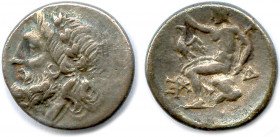 Greek
ARCADIE - MÉGALOPOLIS 175-168
Tête laurée de Zeus Lycaios. 
R/. Pan nu assis sur un rocher tenant son lagobolon. Sur ses 
genoux, un aigle. ...