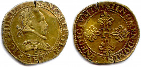 France Royales
HENRI III 1574-1589
HENRICVS. III. D. G. FRANC. ET. POL. REX. Son buste lauré 
au col plat. Lettre d’atelier sous le buste. Point 15...