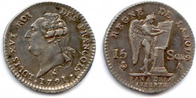 France Royales
LOUIS XVI Gouvernement Constitutionnel 1791-1792
15 Sols d’argent 1791-an 3 de la Liberté (1er semestre) 
avec FRANÇOIS. A = Paris. ...