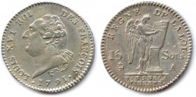 France Royales
LOUIS XVI Gouvernement Constitutionnel 1791-1792
15 Sols d’argent 1791-an 3 de la Liberté (2e semestre) avec 
FRANÇOIS. A = Paris. ...