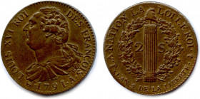 France Royales
LOUIS XVI Gouvernement Constitutionnel 1791-1792
2 Sols en cuivre 1791-an 3 de la Liberté. (21,85 g)
A (pointé) = Paris. 
Dy 1722 ;...