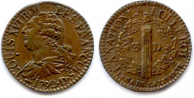 France Royales
LOUIS XVI Gouvernement Constitutionnel 1791-1792
3 Deniers 1792-an 4 de la Liberté avec FRANCOIS (sans
cédille et point 3e) DL liés ...