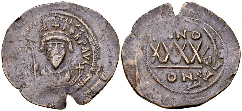 Phocas Follis, overstruck on Mauricius Tiberius 

Phocas (602-610 AD). AE Foll...