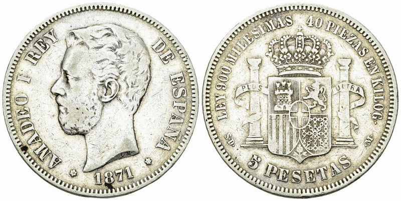 Spain AR 5 Pesetas 1871 

Spain. Amadeo I. AR 5 Pesetas 1871 (71) (24.74 g).
...
