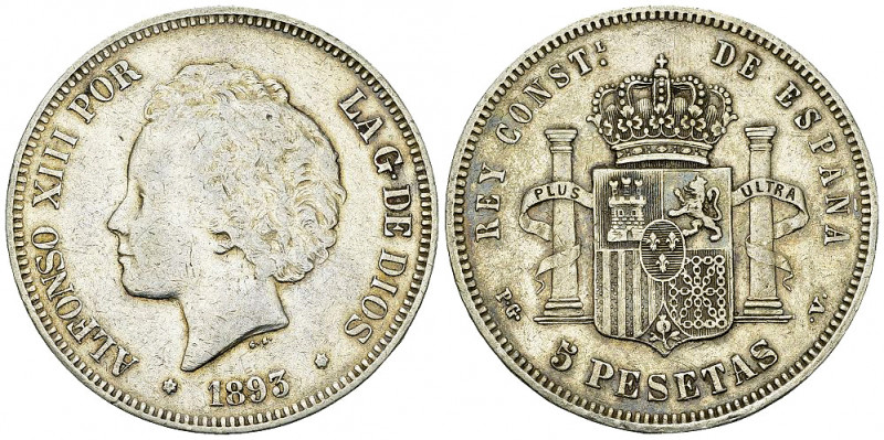 Spain AR 5 Pesetas 1893 

Spain. Alfonso XIII. AR 5 Pesetas 1893 (93) (24.90 g...