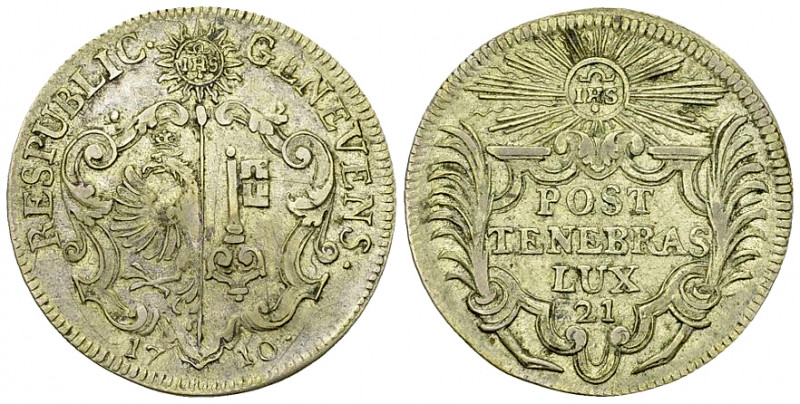 Genf, AR 21 Sols 1710 

Schweiz, Genf/Genève. AR 21 Sols 1710 (28 mm, 4.94 g)....