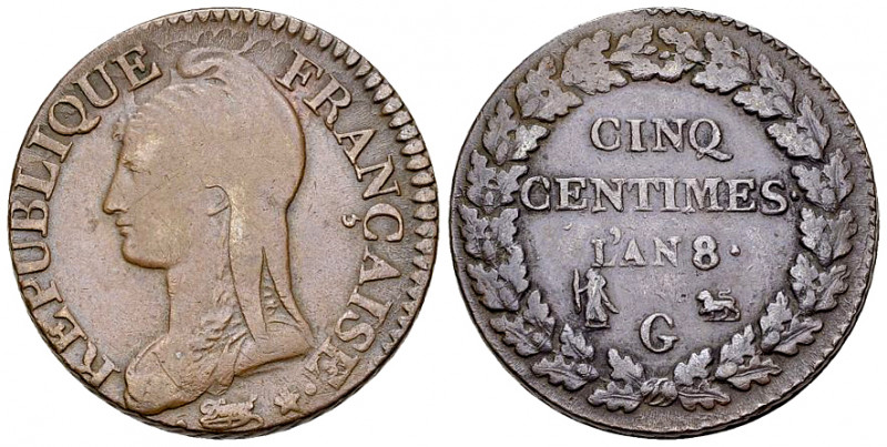 Genf, CU 5 Centimes l'an 8 G 

Schweiz, Genf /Genève. CU 5 Centimes l'an 8 G (...