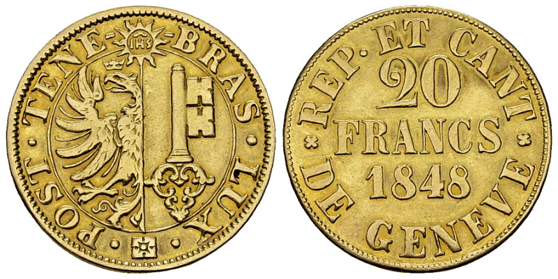 Genf, AV 20 Francs 1848 

Schweiz. Genf/Genève. AV 20 Francs 1848 (7.59 g).
 ...