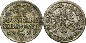 John II Casimir 
POLSKA/ POLAND/ POLEN / POLOGNE / POLSKO

Jan II Kazimierz. DwuGrosz (Groschen) 1651, Bydgoszcz 

Głowa wołu (herb Wieniawa) bez...