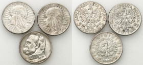Poland II Republic
POLSKA / POLAND / POLEN / POLOGNE / POLSKO

II RP. 5 zlotych 1932, 1933 głowa kobiety, 5 zlotych 1936 Piłsudski, group 3 coins ...