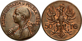 Probe coins of the Second Polish Republic
POLSKA / POLAND / POLEN / PATTERNPRL. PROBE / SPECIMEN

PROBA / PATTERN. Bronze 50 mark 1923, kobieta z k...