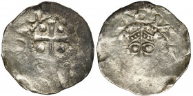 Medieval coin collection - WORLD
GERMANY / ENGLAND / CZECH / GERMAN

Germany, Lower Lorraine, Tiel. Henry II? (1002-1024). Denarius 

Aw.: Głowa ...