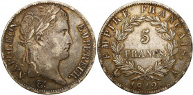 France
France, Napoleon Bonaparte (1804-1815). 5 francs 1812 A, Paris 

Ciemna patyna.Gadoury 584

Details: 24,99 g Ag 
Condition: 3 (VF)
