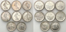 France
France. 2, 5 francs 1909-1966, set of 8 coins 

W przewadze monety około stanu 2.

Details: 90,23 g Ag łącznie 
Condition: 2/3 (EF/VF)
