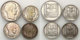 France
France, 10, 20 francs 1930-1933, Paris, set of 4 coins 

Zestaw zawiera 4 srebrne monety z lat 1929-1934.

Details: 49,89 g Ag .680 
Cond...