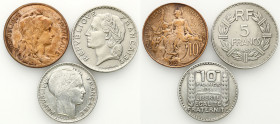 France
France, 10 Centimes - 10 Franc, 1912 - 1933, Set of 3 Coins. 

Zestaw zawiera 3 monety o nominałach 10 centimes, oraz 5 i 10 franków.

Det...