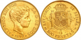 Spain
Spain 100 Pesetas 1897 Alfonso XIII 

Lekkie ryski w tle, ale dobre detale.Rzadsza moneta.KM# 708

Details: 32,18 g Au 
Condition: 2- (EF-...