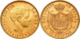 Spain
Spain Alfonso XIII 20 Pesetas 1899 

Ładnie zachowana monetaFr. 348R

Details: 6,45 g Au 
Condition: 2- (EF-)