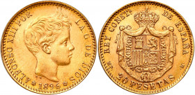Spain
Spain Alfonso XIII 20 Pesetas 1896 

Piękny egzemplarzFr. 348R

Details: 6,46 g Au 
Condition: 1/1- (UNC/UNC-)