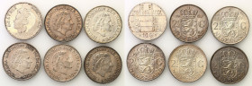 Netherlands
Netherlands. Julian (1949-1980). 2 1/2 guilders 1959-1966, 10 guilders 1994, set of 6 coins, silver 

Zestaw 6 monet srebrnych w różnym...