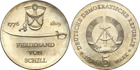 Germany
Germany, DDR. 5 mark 1976 Ferdinand von Schill 

Pięknie zachowane.Jaeger 1559

Details: 12,45 g 
Condition: 1/1- (UNC/UNC-)