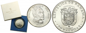 Panama
Panama. 20 Balboas. 1973 Simon Bolivar silver 

Menniczy egzemplarz z pudełkiem.

Details: 131 g Ag 
Condition: 1 (UNC)