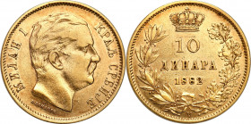 Serbia
Serbia. Milan I (1882-1889), 10 dinars 1882, Vienna 

Resztki połysku w tle.Friedberg 5

Details: 3,23 g Au 
Condition: 2-/3+ (EF-/VF+)