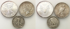 USA (United States of America)
USA. 1/2 dollar 1944, dollar 1923, dollar 2010, set of 3 coins 

Zróżnicowany zestaw 3 monet srebrnych.&nbsp;KM# 142...