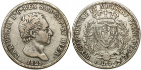 Italy
Italy. Carlo Felice (1821-1831) 5 lire 1825 

Rzadszy typ monety. Nomisma 577

Details: 24,83 g Ag 
Condition: 3- (VF-)