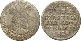 Ungarn
Hungary, Ferdinand II (1619-1637). 9 denarii (groszy) 1623 KB, Kremnica 

Obiegowy egzemplarz. Wytarcia.&nbsp;Huszár 1191

Details: 1,60 g...