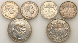 Ungarn
Hungary, Francis Joseph I (1848-1916). 2 crowns 1912, 1913, 5 crowns 1900 KB, Kremnica 

Monety o nominale 2 korony około stanu 2-.5 koron w...