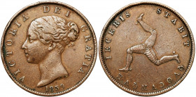 Great Britain
United Kingdom - Isle of Man. Victoria (18371901). 1/2 penny 1839 

Brązowa patyna.&nbsp;KM 13&nbsp;

Details: 9,57 g Cu 
Conditio...