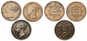Great Britain
Jersey. Victoria (1837-1901). 1/13 Shilling 1844, 1858, 1861, set of 3 coins 

Patyna.KM 3

Details: Cu 
Condition: 3 (VF)
