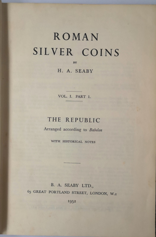 Libri. Roman Silver Coin. H. A. Seaby. Vol. I Part. I. Londra 1952. ca 140 pag. ...