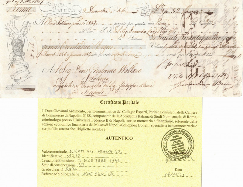 Scripofilia. Lettera di cambio da 94 Ducati e 32 Grana pagabile il 10 /02/1847, ...