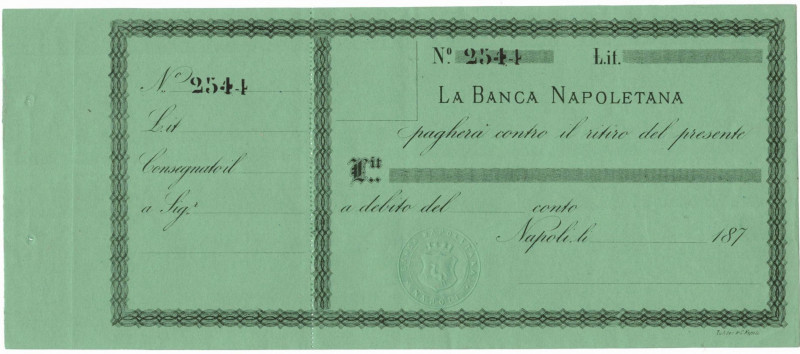 Scripofilia. Banca Napoletana. 187.. Modulo di vaglia cambiario. Titolo di credi...
