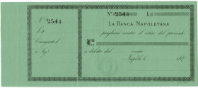 Scripofilia. Banca Napoletana. 187.. Modulo di vaglia cambiario. Titolo di credito pagabile a vista nominativo e trasferibile mediante girata. Piename...