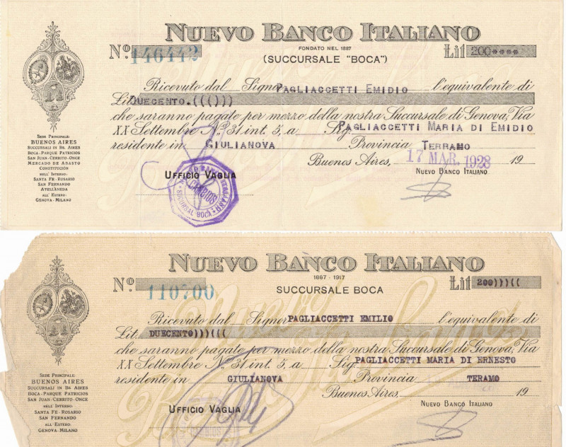 Scripofilia. Nuevo Banco Italiano. Lotto di due rimesse bancarie da Lire 200 ver...