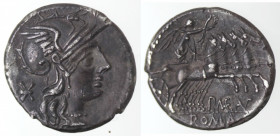 Monetazione Classica. Repubblica Romana. P. Maenius M.f. Antiaticus. 132 a.C. Denario. Ag. D/ Testa elmata di Roma a destra; dietro *. R/ Vittoria su ...