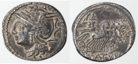 Monetazione Classica. Repubblica Romana. L. Appuleius Saturninus. 104 a.C.. Denaro. Ag. D/ Testa elmata di Roma a sinistra. R/ Saturno in quadriga ver...
