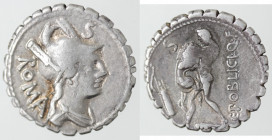 Monetazione Classica. Repubblica Romana. C. Poblicius Q.f.. 80 a.C.. Denario. Ag. D/ Busto elmato e drappeggiato di Roma a destra, dietro ROMA; sopra ...