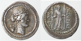 Monetazione Classica. Repubblica Romana. Gens Clodia. Publius Clodius. 42 a.C. Denario. Ag. D/ Testa di Apollo verso destra, dietro una lira. R/ P CLO...