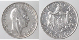 Monete Estere. Albania. Zog I. 1925-1939. Frang 1937. Ag. Roma. Km. 16. Peso gr. 5,00. Diametro mm. 23. SPL. R. (D.5621)