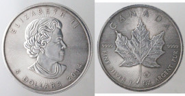 Monete Estere. Canada. Elisabetta II Regnante. 5 Dollari 2014. Ag. Peso gr. 31,14. Diametro mm. 38. qFDC. Graffietto al diritto. (D.5921)