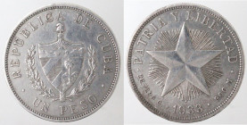 Monete Estere. Cuba. 1 Peso 1933. Ag 900. Km. 15.2. Peso gr. 26,66. Diametro mm. 38. BB+. (5921)