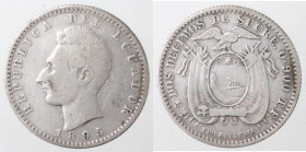 Monete Estere. Ecuador. Repubblica. 2 Decimos 1895. Ag. Peso gr. 4,85. Diametro mm. 23. BB. Graffio. (5621)