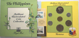 Monete Estere. Filippine. Royal Mint. Serie divisionale 1983. 7 valori nominali, senza Argenti. In folder originale con francobolli allegati. FDC.