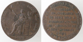 Monete Estere. Francia. 1791-1793. Moneta-Medaglia da 2 Sols 1791. Ae. V.G. 233. Peso gr. 18,45. Diametro mm. 32. qBB. R. (5921)