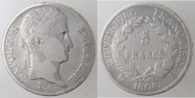 Monete Estere. Francia. Napoleone. 1804-1814. 5 Franchi 1808 A. Ag. Km. 686.1. Peso gr. 24,60. Diametro mm. 37. MB. (5621)